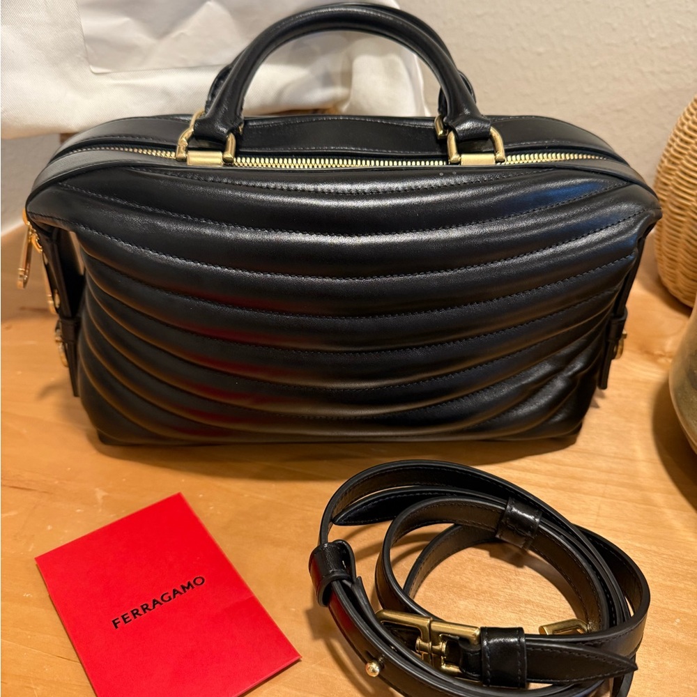 Brand NWT Authentic Ferragamo Black Leather Bag with Gold Hardware